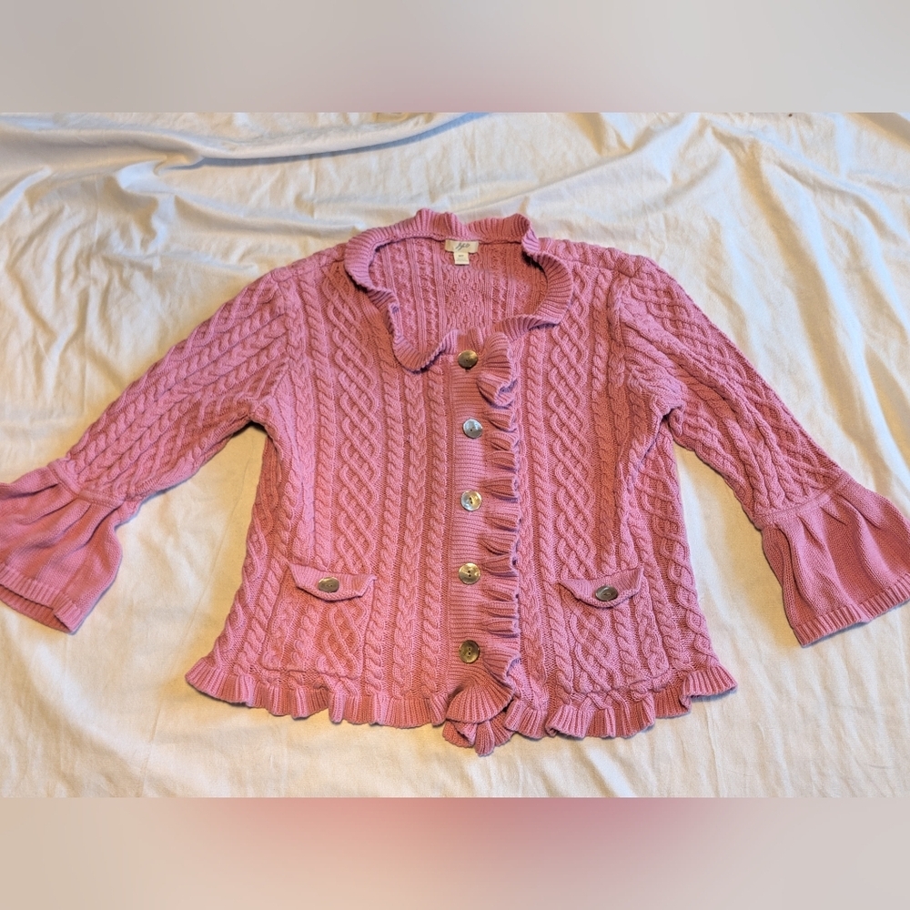 J.Jill Cable Knit 3/4 Bell Sleeve Cardigan Sweater Size MP Twee